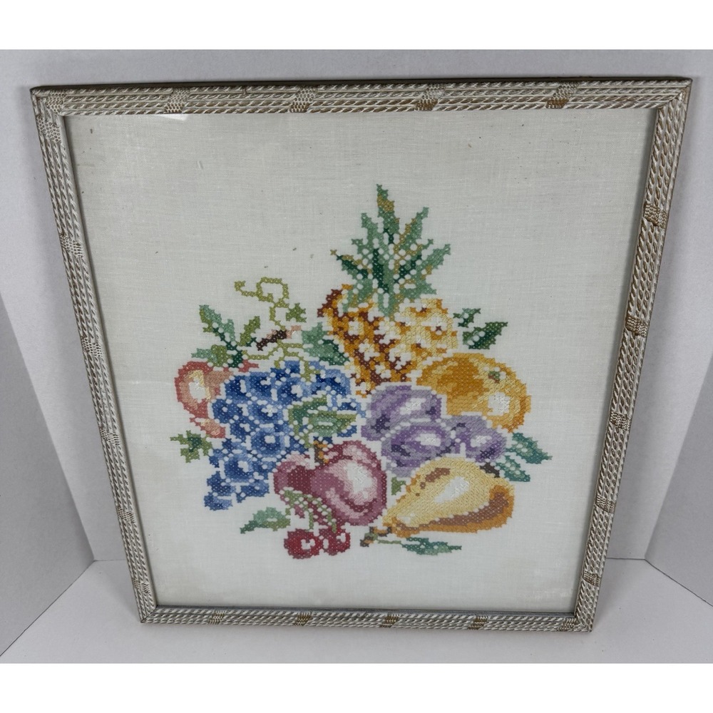 Completed Counted Cross Stitch Fruit Arrangement Framed Vintage 17"x15"